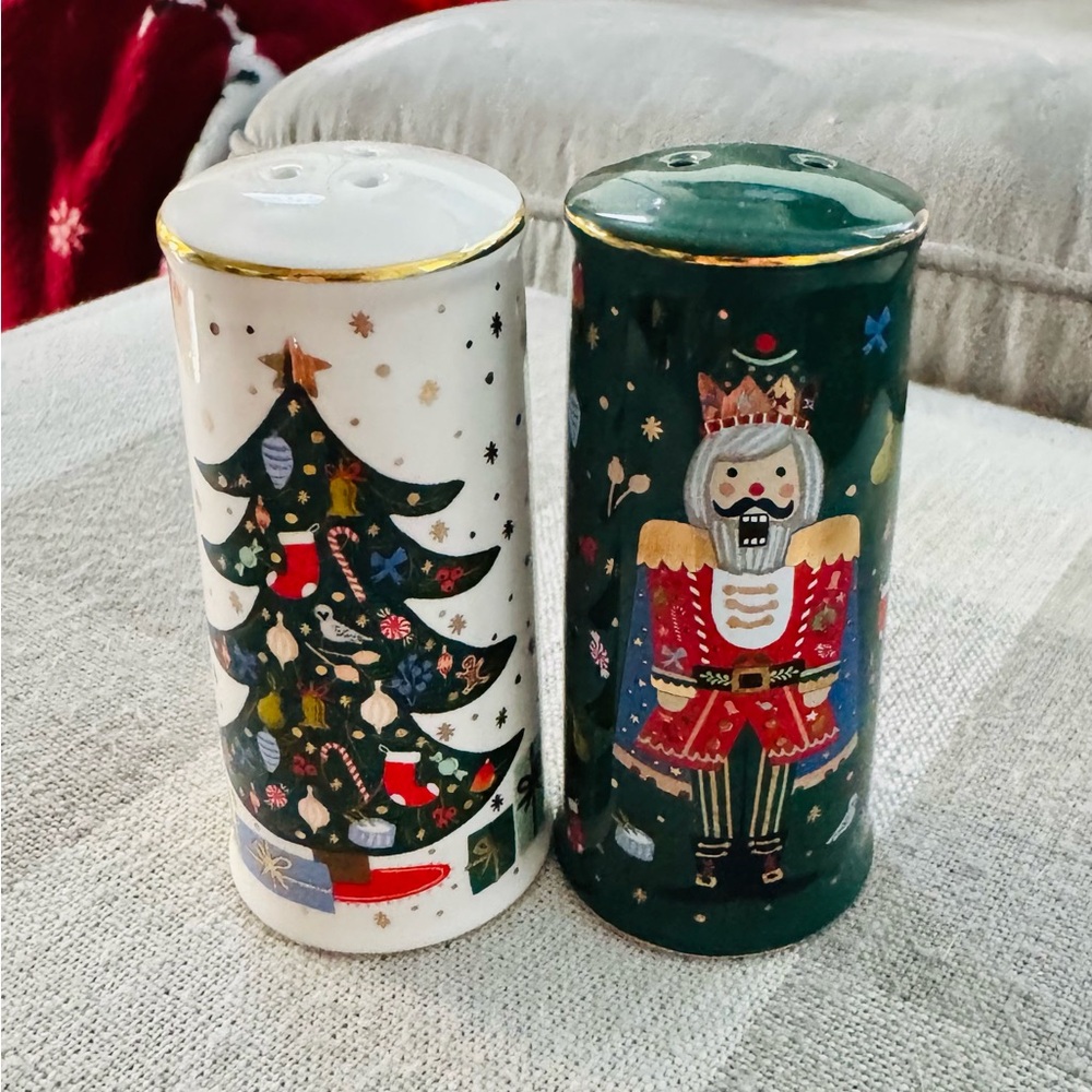 Rifle Paper Festive Nutcracker and Christmas Tree Salt and Pepper Shakers 3.5” H